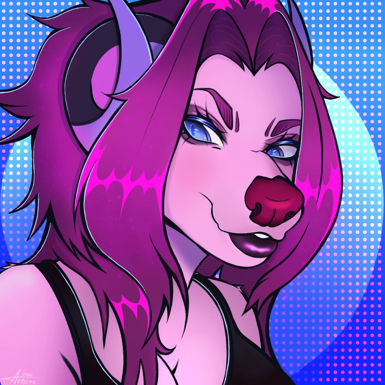 Magenta-haired dog girl with a glossy red nose smirking over her shoulder, blue halftone background.